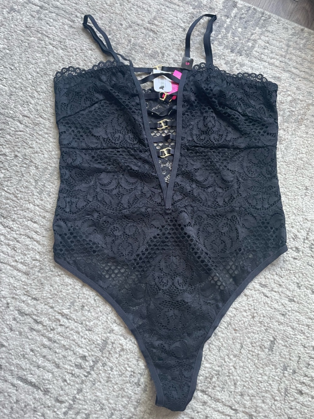 La SENZA Black Lace Plunge Bodysuit with Decorative Clasps